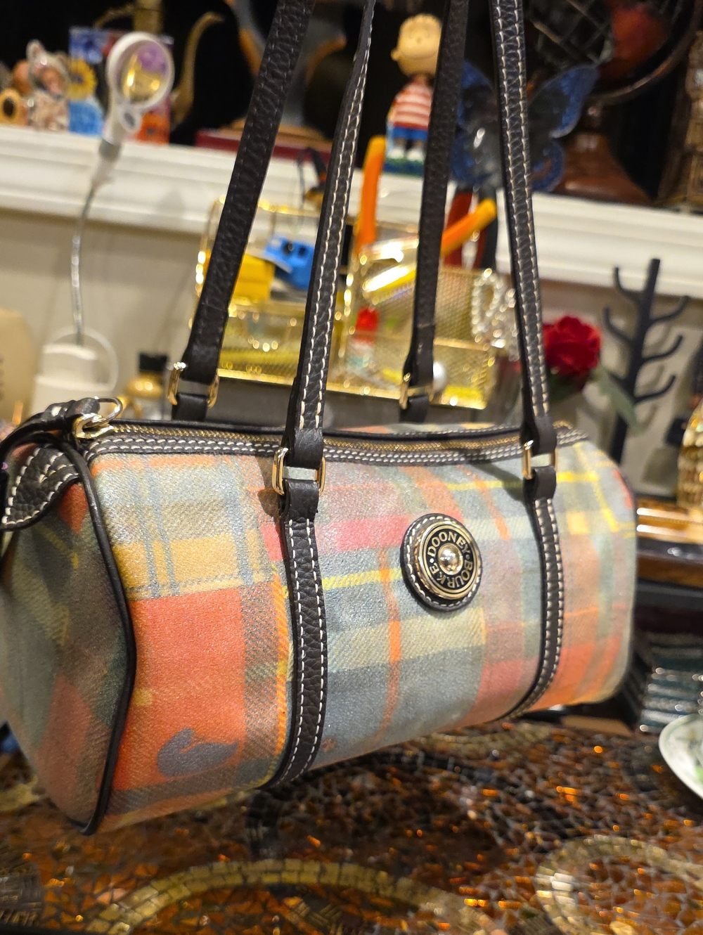 Dooney & Bourke Multicolor Plaid Barrel Shoulder Bag with Black Trim